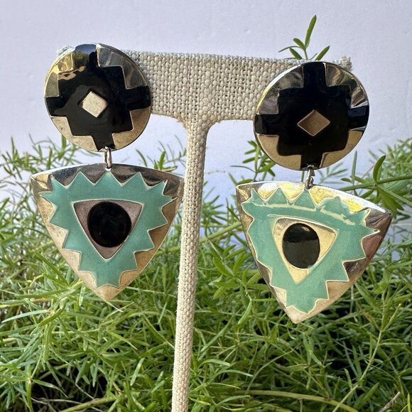 VTG Southwestern Style Earrings Dangle Drop Pierced Geometric Blue Black 2.5"‎ - Picture 4 of 5